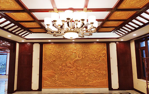 梅列中式别墅客厅中式木作横梁吊顶装饰展示